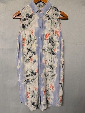 100% Silk Equipment Light Blue Hawaiian Dress with Navy and Coral Print Size XS